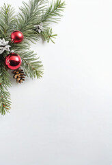Christmas vertical background. White background, copy space, gift idea, Christmas tree, red balls, mockup, Christmas element on one side. Holidays, Christian holidays, events, banners, commercials.
