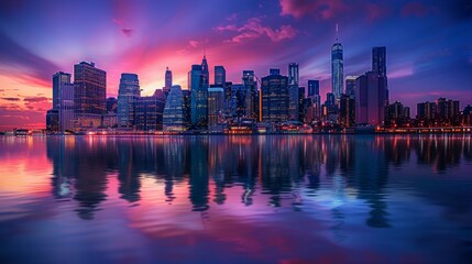 Hyperrealistic manhattan skyline at night with city lights reflecting on east river in long exposure