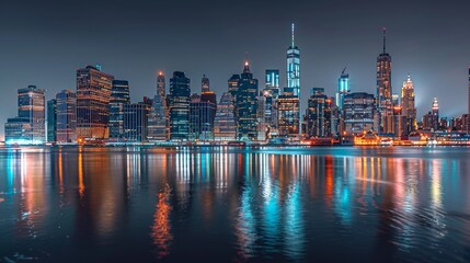 Hyperrealistic manhattan skyline with city lights and skyscrapers reflected in east river at night