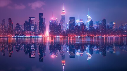 Hyperrealistic manhattan skyline at evening, city lights reflecting, ultra high definition