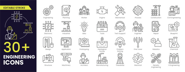 Engineering Editable Stroke icon set. Containing blueprint, engineer, tools, construction, mechanical, industrial, worker, engine, manufacturing and machinery icons. Editable Outline icon collection.