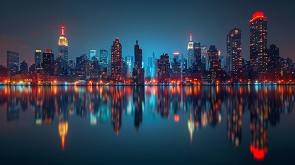 Hyperrealistic manhattan skyline with city lights and skyscrapers reflecting on east river