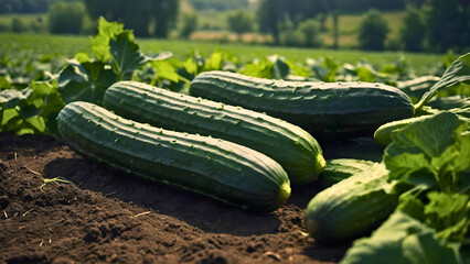 Cucumbers that have just been picked at the farm, and are waiting to be collected from the ground. - obrazy, fototapety, plakaty