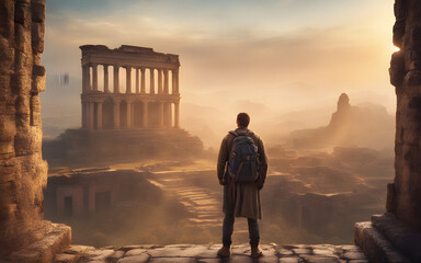 Solo traveler with backpack gazing at a panoramic view of ancient ruins at sunrise, mist swirling - obrazy, fototapety, plakaty