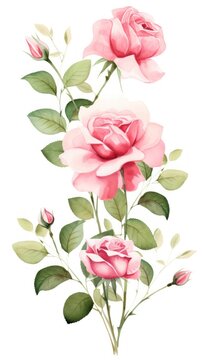 Pink roses watercolor clipart on white background, defined edges floral flower pattern background with copy space for design text or photo backdrop minimalistic