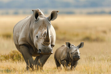 Obraz premium White Rhino Mother & Baby standing on an open grass plain