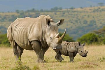 Obraz premium White Rhino Mother & Baby standing on an open grass plain