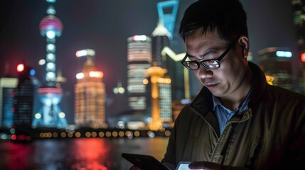 A Chinese financial analyst consults interactive digital graphs on a tablet, strategizing in front of the smart city's glowing financial district.