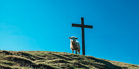 A sheep under a cross in a serene landscape with a hill under a blue sky. Religious concept. Symbolism of Church worship and salvation through faith.