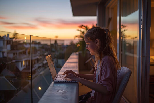 A young girl uses a laptop on the balcony at sunset