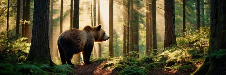 Obraz premium Brown bear in the woods, big wild animal in the lush green forest. walking and sitting in the jungle. made with generative AI technology.
