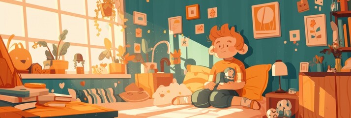 Illustration of a boy's room,, room for a little boy with toys, bed and table, banner