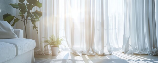 The first beautiful morning sunlight filters through the curtains in a modern white apartment	