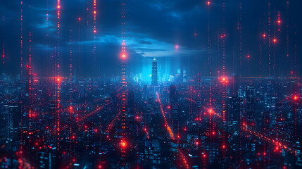 Obraz premium Abstract hologram and data particle above the city at night in cyber space
