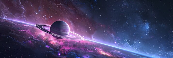 A mesmerizing view of the universe with a large Saturn against a backdrop of purple, blue, and pink...