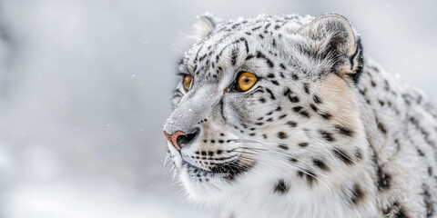 face of white snow leopard irbis in mountains in nature in snowy winter in wild