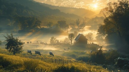 Serene countryside morning  farmer tending crops, cows grazing in misty scene, high res imagery - obrazy, fototapety, plakaty