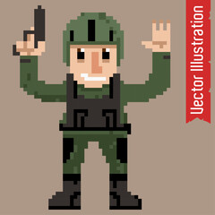 Naklejka premium Retro pixel art illustration of a heroic character with a confident pose. A perfect choice for gaming, nostalgic designs, or creative digital projects in EPS format.