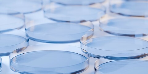 Array of petri dishes on table in laboratory, medical, biology or biotechnology science research concept background