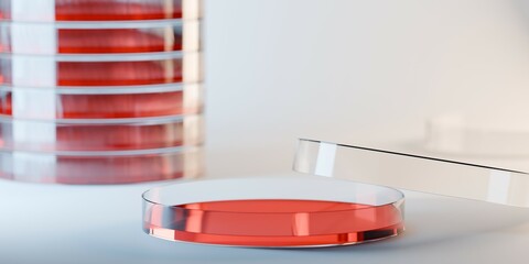 Open petri dish with red gel in front of stacked petri dishes in laboratory, medical, biology or biotechnology science research concept background