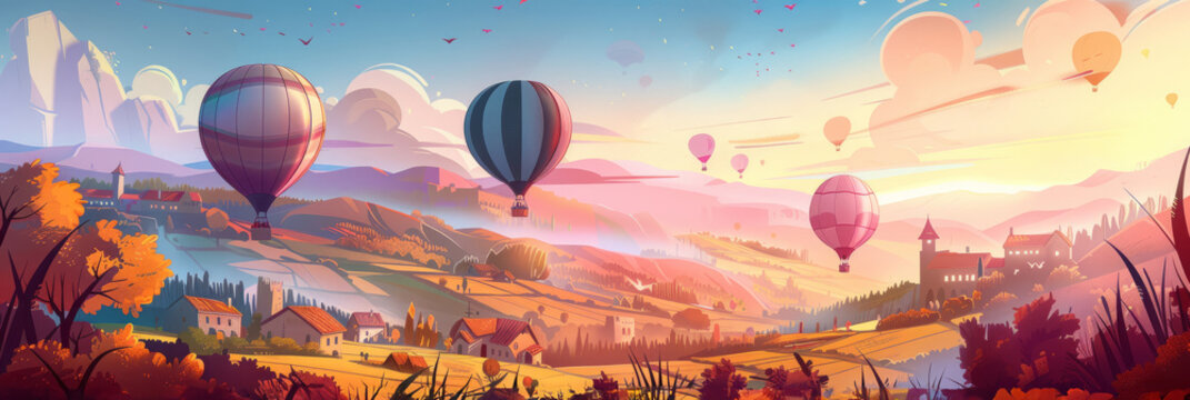 Top view of green landscape and mountain valleys and town and colorful balloons flying in the sky, banner illustration