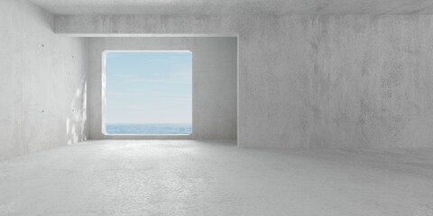 Abstract empty, modern concrete room with rectangle opening in the back wall and ocean view - industrial interior background template