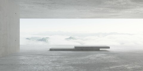 Abstract empty, modern concrete room with open back wall with view across cloudy mountain landscape and concrete bench - industrial interior background template - 778975146