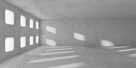 Abstract empty, modern concrete room with square grid openings wall, sunlight shadows and rough floor - industrial interior background template - 778975165