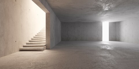 Abstract empty, modern concrete room with floating stairs and window opening in the back and rough floor - industrial interior background template - 778975167