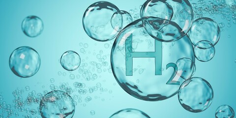 H2 hydrogen symbol in bubble floating between other bubbles on blue background, clean energy, liquid hydrogen or chemistry concept