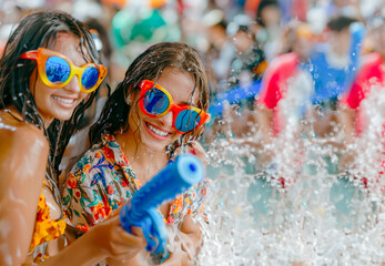 A smiling young woman and friends from Europe are having fun at a summer party, using a water gun in a water festival in Thailand with colorful decorations while celebrating with joy together. 