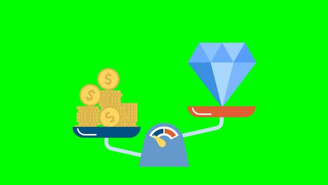 Stack gold coins outweigh a big blue diamond on the scales. Price of creativity, talent, idea. Classic scales with bowls with gold money and diamonds. 2d flat animation. Alpha channel. Chroma key
