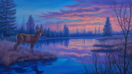 Deer fawn on lake twilight - 778975701