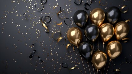 Black and black foil gold balloons with confetti on dark background