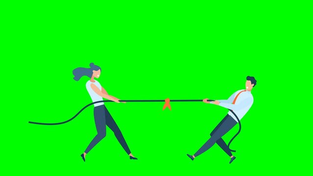 Tug of war. Man, woman are pulling rope. Men versus women gender inequality. Couple quarrel. Business competitive. Gender conflict. Psychology of relationships. 2d animation. Alpha channel. Chroma key