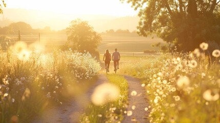 A couple cycling along a quaint country road, lined with wildflowers and bathed in the soft light of the golden hour.