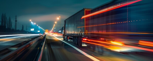 Fototapeta na wymiar Trucks on highway in night time, motion blur, light trails 