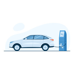 Ca charging at hydrogen station. Hydrogen production process, eco natural resources cartoon vector illustration