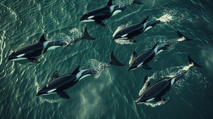 Aerial view  orcas in arctic waters, black and white pod against blue ocean, detailed skin texture - obrazy, fototapety, plakaty