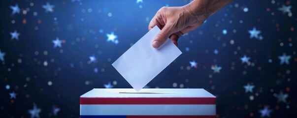 US elections concept image background , ballot box with US flag colors and stars and hand holding a ballot paper voting	
