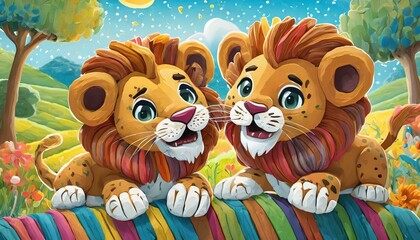 Dos lindos cachorros de león alegres y divertidos hechos con tiras de plastilina de colores - obrazy, fototapety, plakaty