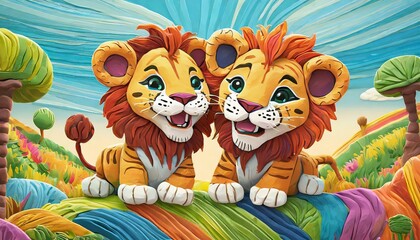 Dos lindos cachorros de león alegres y divertidos hechos con tiras de plastilina de colores - obrazy, fototapety, plakaty