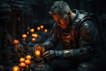 Futuristic soldier kneeling in a dark room illuminated by candles