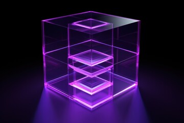 Purple glass cube abstract 3d render, on black background with copy space minimalism design for text or photo backdrop 