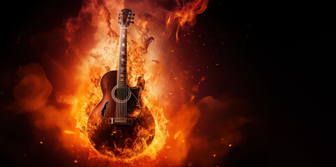flame burning guitar on black background with copy space
