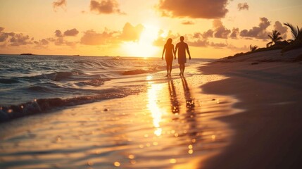 A couple walking hand in hand along a beach at dusk, the setting sun casting a warm glow on their faces.