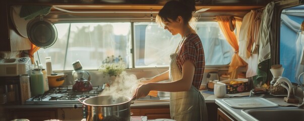 Woman cooking food in caravan kitchen	