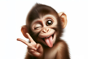 Funny monkey winking and sticking out tongue with copy space for text on white background - obrazy, fototapety, plakaty