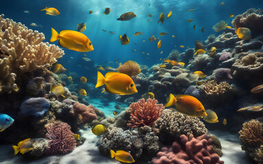 Underwater shot of a coral reef teeming with colorful fishes, sunlight filtering through the clear blue water