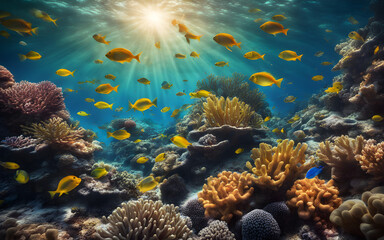 Fototapeta na wymiar Underwater shot of a coral reef teeming with colorful fishes, sunlight filtering through the clear blue water